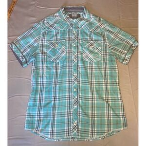 BKE Short Sleeve Pearl Snap Shirt Mens L Turquoise Plaid Contrast Stitch Buckle